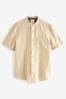 Neutral Grandad Collar Linen Blend Short Sleeve Shirt, Grandad Collar