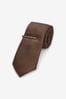 Brown Slim Textured Tie And Clip Set, Slim