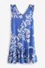 Blue on White Linen V-Neck Blend Summer Sleeveless Shift Dress, Petite