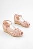 Rose Gold Woven Wedge Ankle Strap Sandals