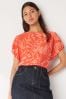 Orange Butterfly Print Gathered Short Sleeve Textured Boxy T-Shirt, Regular