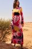 Pink Multi Abstract Print Long Sleeve Column Maxi Dress, Regular