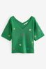 Bright Green Shell V-Neck Gem Button Linen T-Shirt