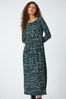 Roman Green Abstract Wave Print Stretch Midi Dress