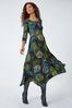 Roman Green Floral Hanky Hem Stretch Midi Dress