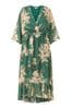 Yumi Forest Green Floral Kimono Sleeves Dip Hem Wrap Midi Dress