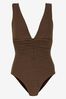 Mint Velvet Bronze Sparkle Rib Plunge Ruched Swimsuit