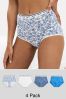 White/Blue Full Brief Cotton Rich Logo Knickers 4 Pack, Full Brief