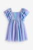 Violett/Blau glitzernd - Party-Kleid aus Netzstoff mit Rüschenärmeln (3-16yrs)