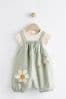 Green Embroidered Flowers Baby Short Sleeve Top and Dungarees Set (0mths-2yrs)