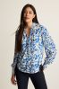 Kobaltblau/Ecru-Creme/Print - Langärmelige Bluse mit V-Ausschnitt und Bündchen