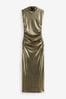 Gold Sleeveless High Neck Ruched Midi Dress
