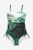 Green Leaf Scenic Print Bandeau Ruched Leg Tummy Shaping Control Swimsuit