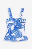 Blau/Weiß mit Blumendruck - Figurformender Bandeau-Tankini mit breiten Trägern