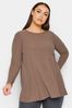 Yours Curve Brown Long Sleeve Ribbed Swing T-Shirt