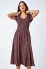 Roman Brown Spot Frill Detail Shirred Midi Dress