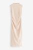 Ecru White Diamond Textured Sleeveless Ruched Maxi Dress