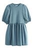 Denimblau - Mini Jersey Kleid mit Puffärmeln, Regulär