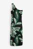 Black/Green Floral Print One Shoulder Jersey Midi Summer Dress, Regular
