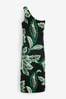 Black/Green Floral One Shoulder Twist Summer Dress, Regular