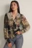 Multi Abstract Print Shirred Body V-Neck Long Sleeve Blouse