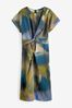 Blue Blur Print Twist Waist Short Sleeve Midi Dress