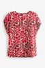 Red/Ecru Leaf Print Gathered Short Sleeve Textured Boxy T-Shirt, Regular
