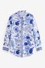 Blue and White Abstract Print 100% Linen Long Sleeve Shirt