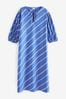 Blue/White Stripe Cotton Poplin Notchneck Puff Sleeve Maxi Dress