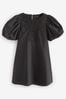 Black 100% Cotton Poplin Puff Sleeve Crochet Insert Mini Dress