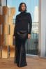 Black Tailored Satin Midi Skirt