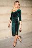 Sosandar Green V-Neck Velvet Ruched Detail Midi Dress, Regular