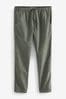 Khaki Green Slim Fit Linen Cotton Elasticated Drawstring Cargo Trousers, Slim Fit