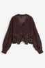 Chocolate Brown Polo Neck Long Sleeve Crochet Scalloped Detail Jumper