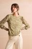 Sage Green Floral Long Sleeve Crew Neck Cuff Blouse