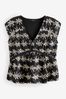 Black with Tan Broderie V-Neck Lace Detail Short Sleeve Top, Regular