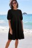 أسود - 100% Cotton Puff Sleeve Mini Jersey Dress, Regular