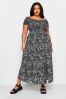 Yours Curve Black Ditsy Floral Print Shirred Bardot Maxi Dress