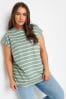 Yours Curve Green Striped Grown On Sleeve T-Shirt