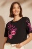 Love & Roses Black Embroidered Round Neck T-Shirt