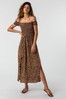Roman Brown Print Shirred Bardot Maxi Dress