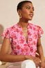 Love & Roses Pink Printed Ruffle V Neck Flutter Sleeve Button Up Blouse