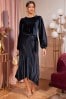 blumarine rhinestone embellished asymmetric dress item Navy Velvet Hankie Hem Long Sleeve Pleated Midi Dress, Regular