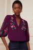 V&A | Love & Roses Berry Red Floral Embroidered Ruffle V Neck Button Through Blouse