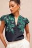V&A | Love & Roses Printed Ruffle V Neck Flutter Sleeve Button Up Blouse, Petite