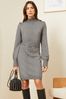 Love & Roses Grey Cable Knit Button Shoulder Belted Knitted Mini Dress