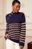 Love & Roses Navy & Camel Stripe Button Detail High Neck Knitted Jumper