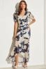 Lipsy Navy Blue Petite Ruched Front Sleeves V Neck Mesh Summer Maxi Dress, Petite