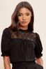 Friends Like These Black Lace Yoke High Neck Short Puff Sleeve Blouse, Regular