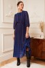 Love & Roses Navy Blue Polka Dot 3/4 Sleeve Printed Pleated Belted Midi Dress, Regular
